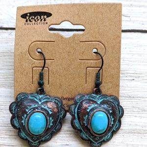 Boho Festival Patina Turquoise Heart Stone Earring